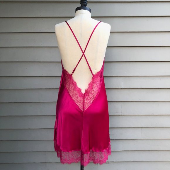 NWOT New 100% Silk Pink Red Lace Criss Cross Chemise Negligee Full Slip Dress M - Picture 9 of 17